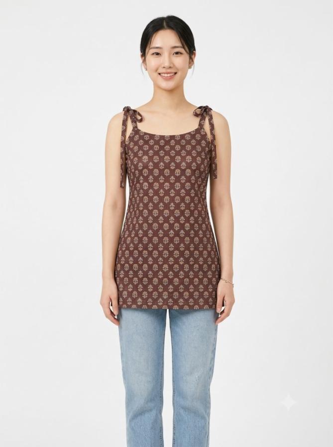 Women Brown & Beige Floral Printed Cotton Short Kurti / Top with Strap Sleeves (Kurti Only