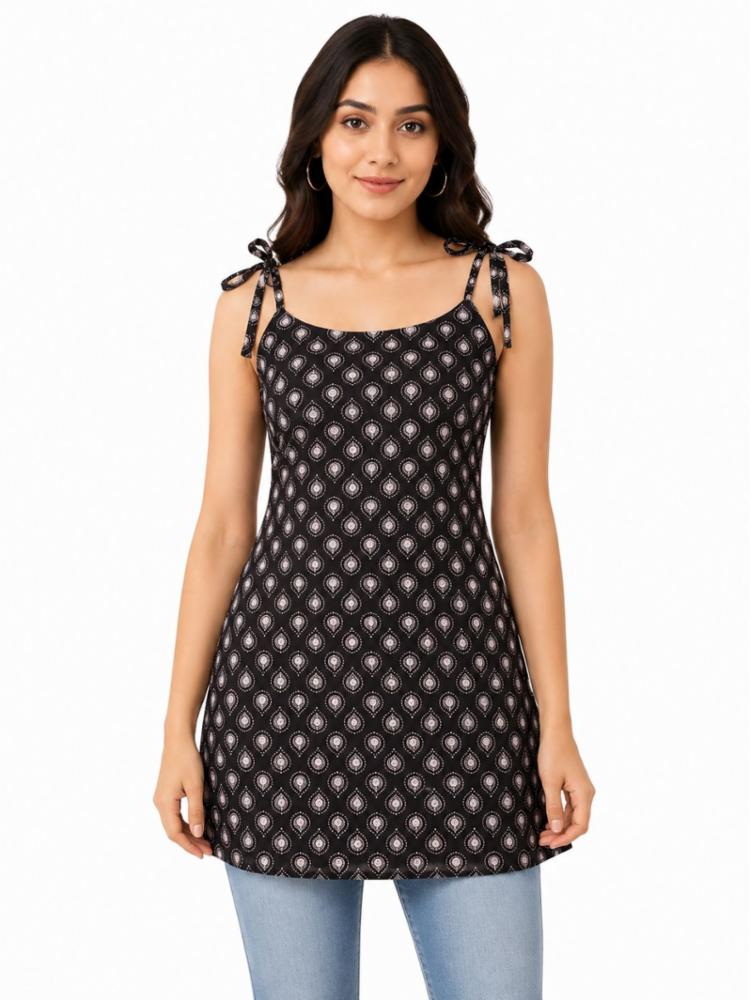 Women Black Printed Cotton Short Kurti / Top with Strap Sleeves (Kurti Only)\n