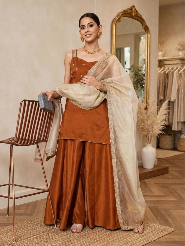 Rust Orange Embroidered Strap Kurta