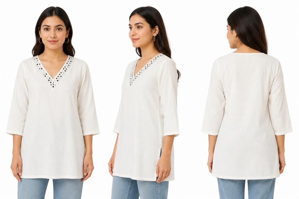 Women White Cotton Short Kurti / Top with V-Neck Mirror Embroidery Work
