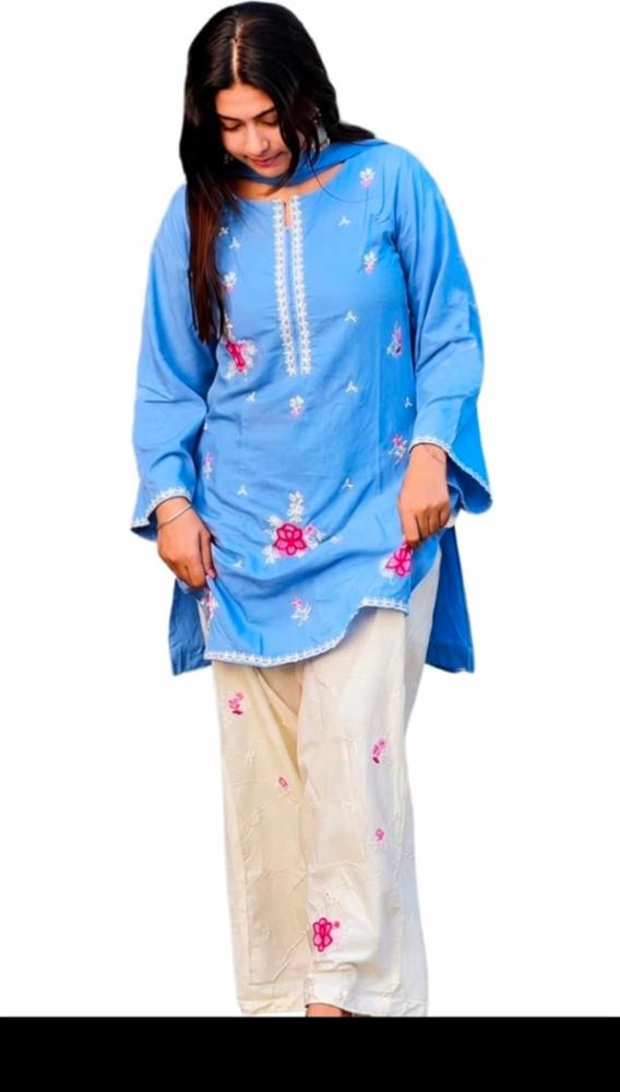 Designer Light Blue Embroidered Kurti with Palazzo and Dupatta Set