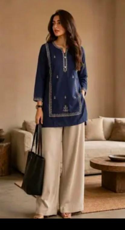 Designer Navy Blue Embroidered Short Kurti