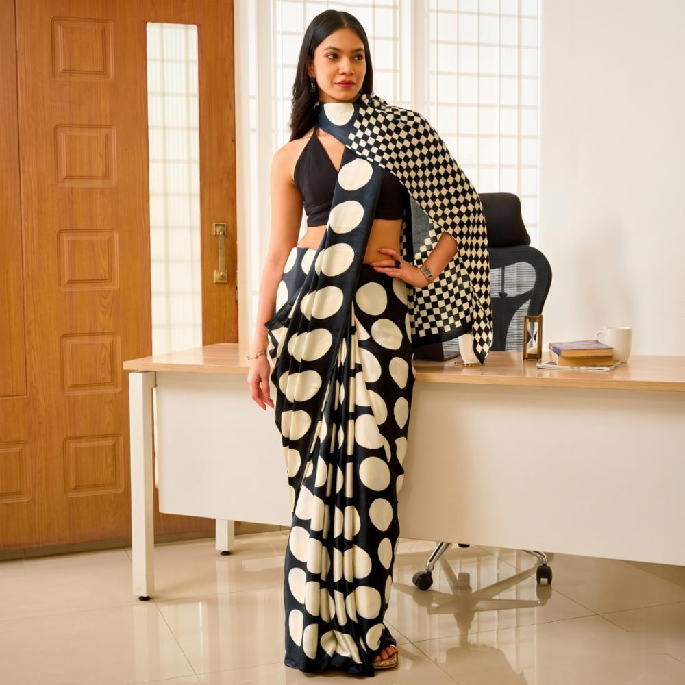 Original Silk (Gajji) Saree with Ajrakh Print Border and Contrast Blouse