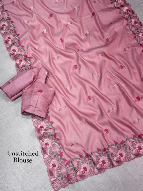Tusser Cotton Saree with Multi Thread Embroidery and Cutwork Border