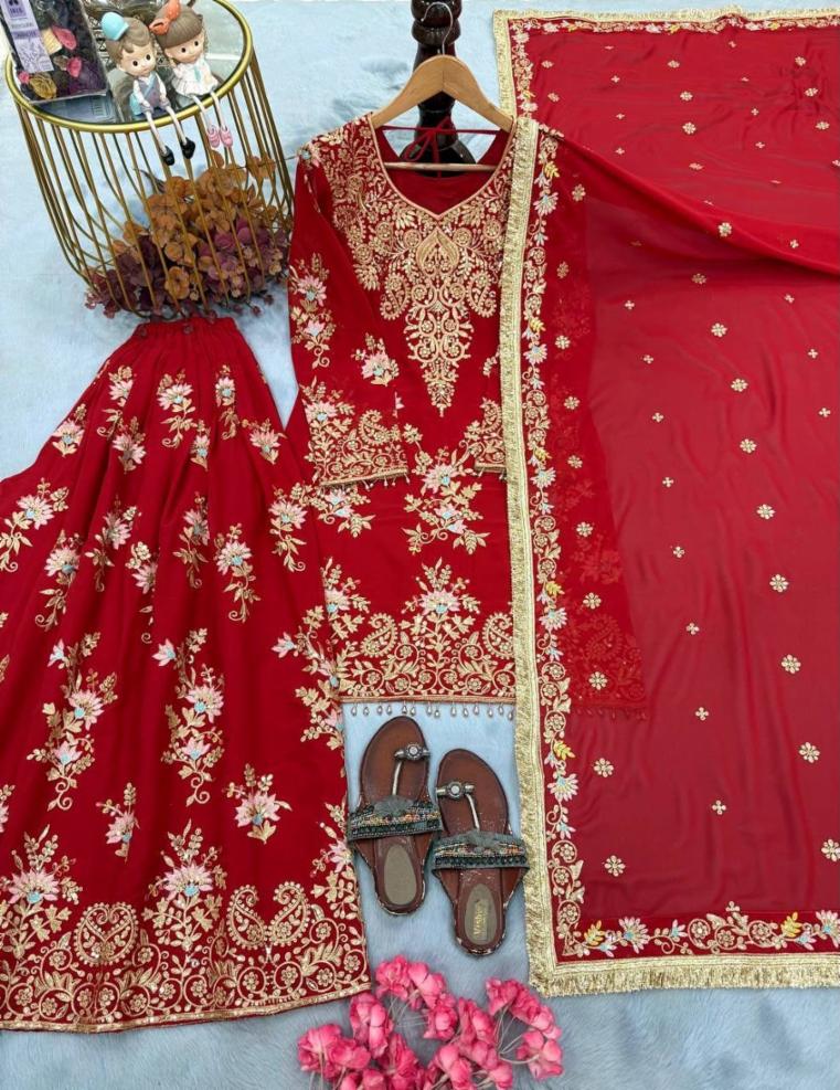 Heavy Faux Georgette Embroidered Suit Set with Palazzo and Dupatta