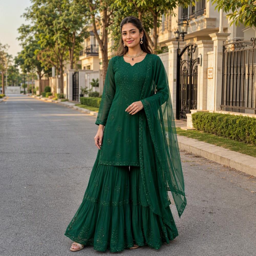 Georgette Sharara Suit Set with Sequence Embroidery