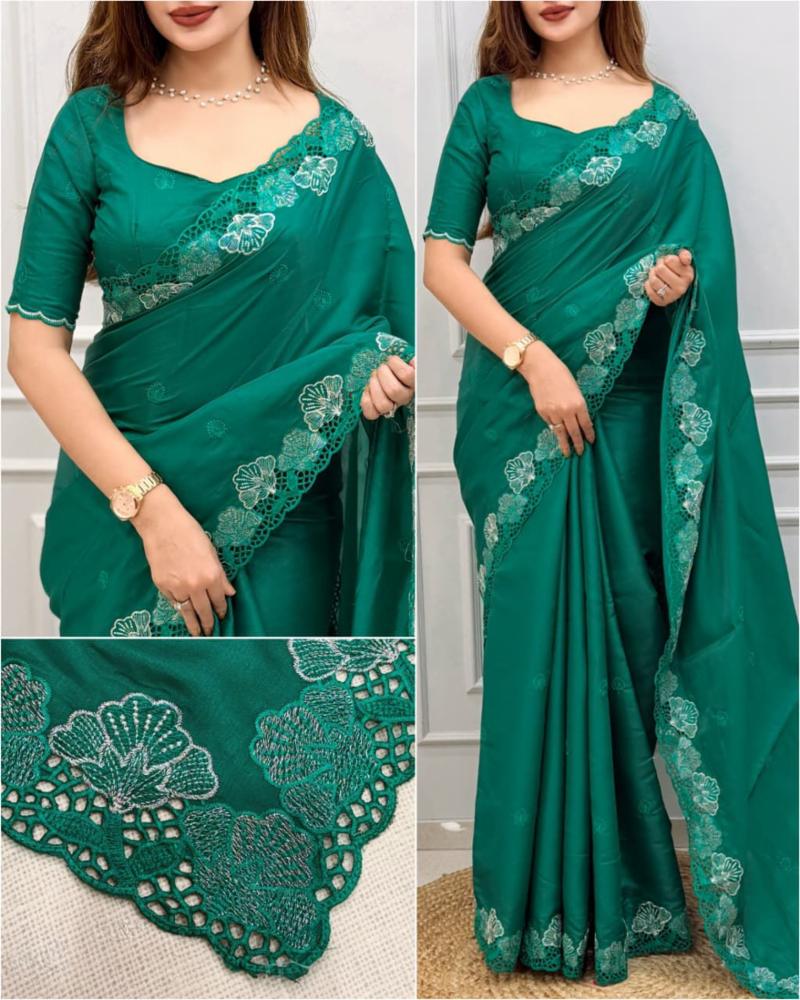 Janki Korean Tusser Saree with Embroidery & Cutwork Border