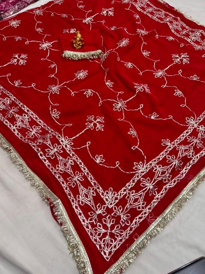 Half Pure Chiffon Red Gota Jaal Work Saree With Blouse