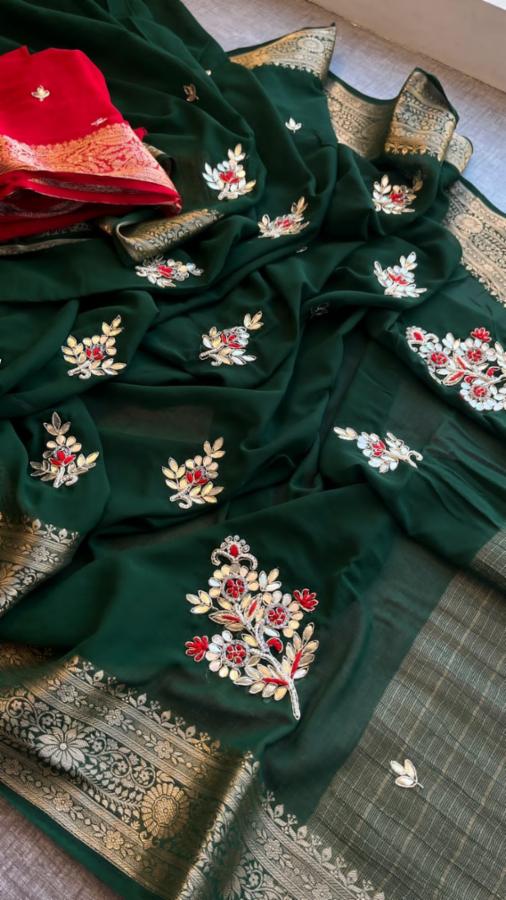 Pure Georgette Nano Zari Handwork Saree with Blouse