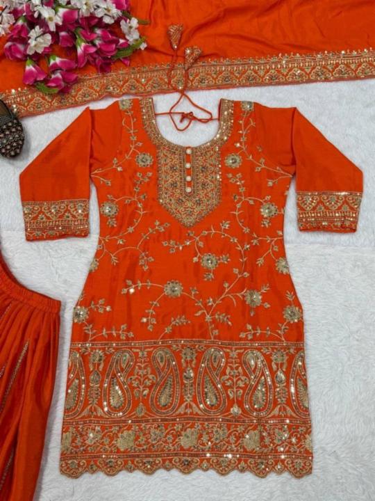 Chinnon Silk Embroidered Party Wear Sharara Set with Dupatta