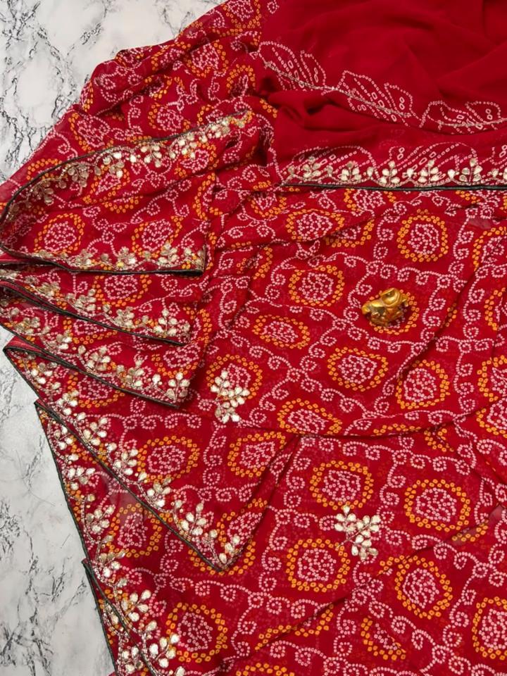 Red Georgette Chunari Handwork Bandhej Saree with Blouse
