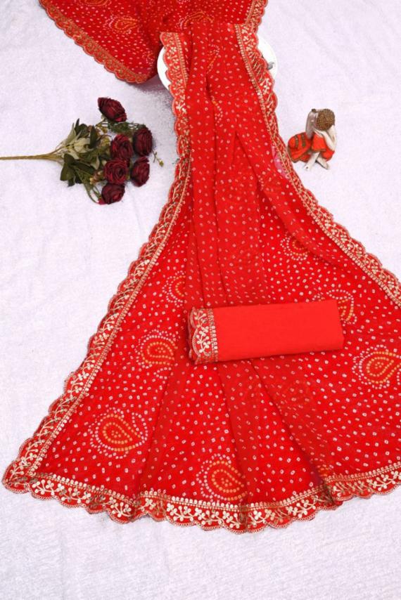 Georgette Lahariya Embroidery Saree With Blouse!