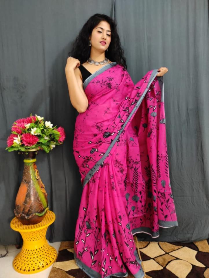Magenta Floral Bagru Block Print Mulmul Cotton Saree 
