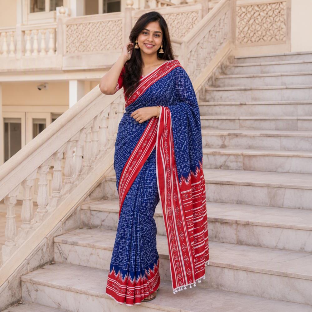 Red and Navy Blue Bagru Block Print Mulmul Cotton Saree