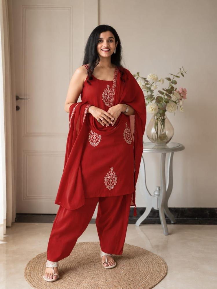 Rust Color Cotton Embroidered Pant Suit with Dupatta
