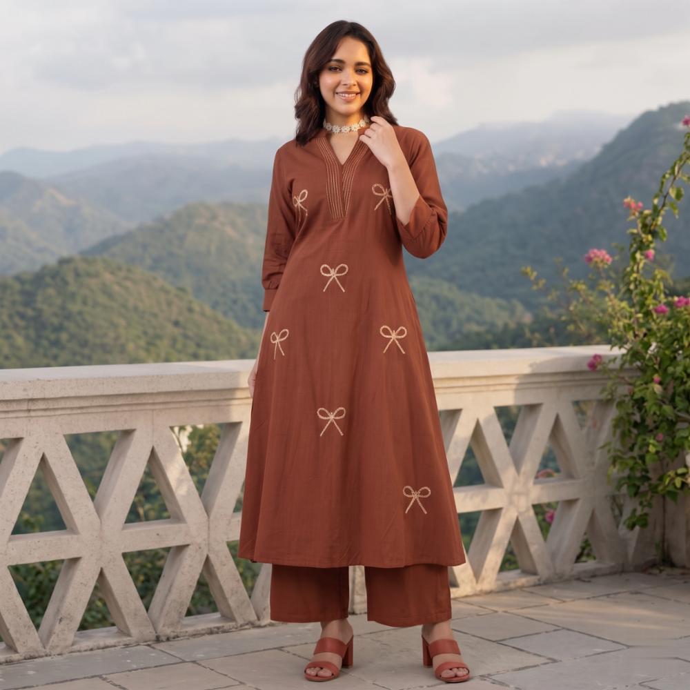Rust Brown Cotton Embroidered Kurta with Pant Set