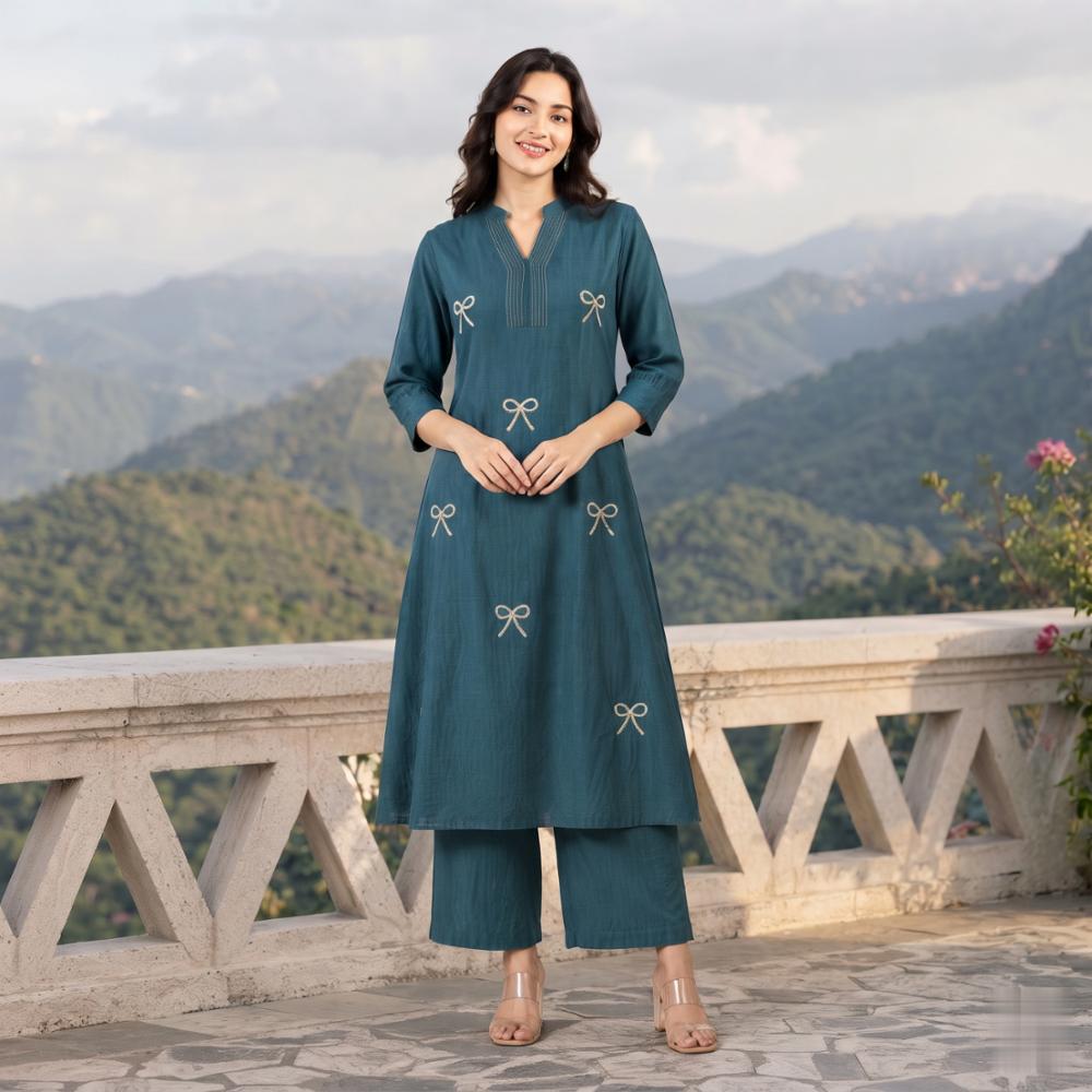Teal Blue Bow-Embroidered A-Line Kurta Set with Wide-Leg Pants for Women