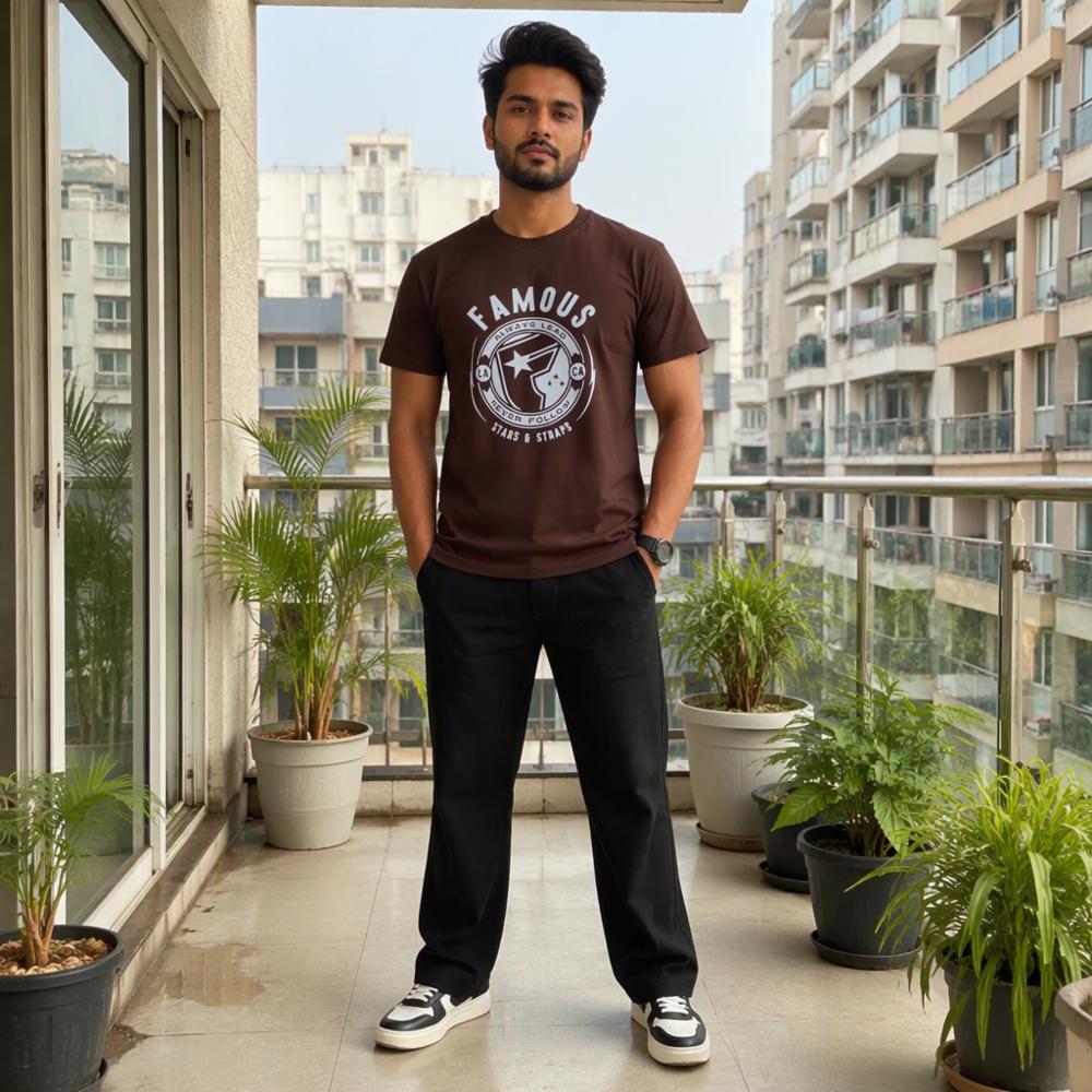 Famous Stars & Straps Menâs Dark Brown Graphic Printed Cotton T-Shirt