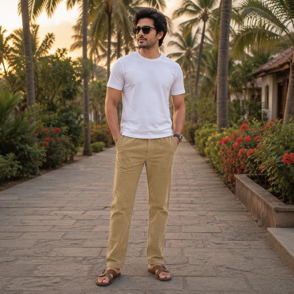 Menâs Khaki Beige Regular Fit Casual Trousers