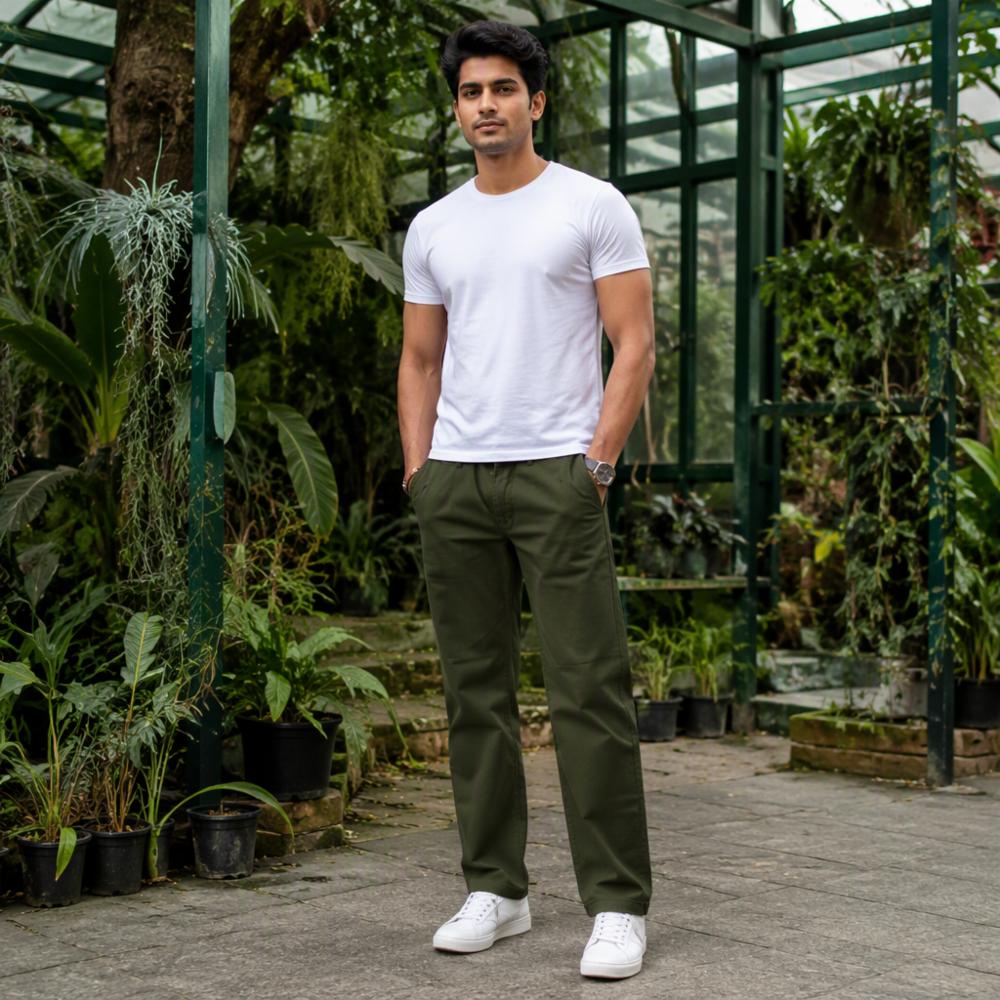 Menâs Olive Green Utility Trousers â Straight Fit Cotton Pants