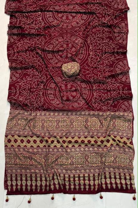 Premium Crepe Gajji Silk Ajrakh Saree with Designer Latkans