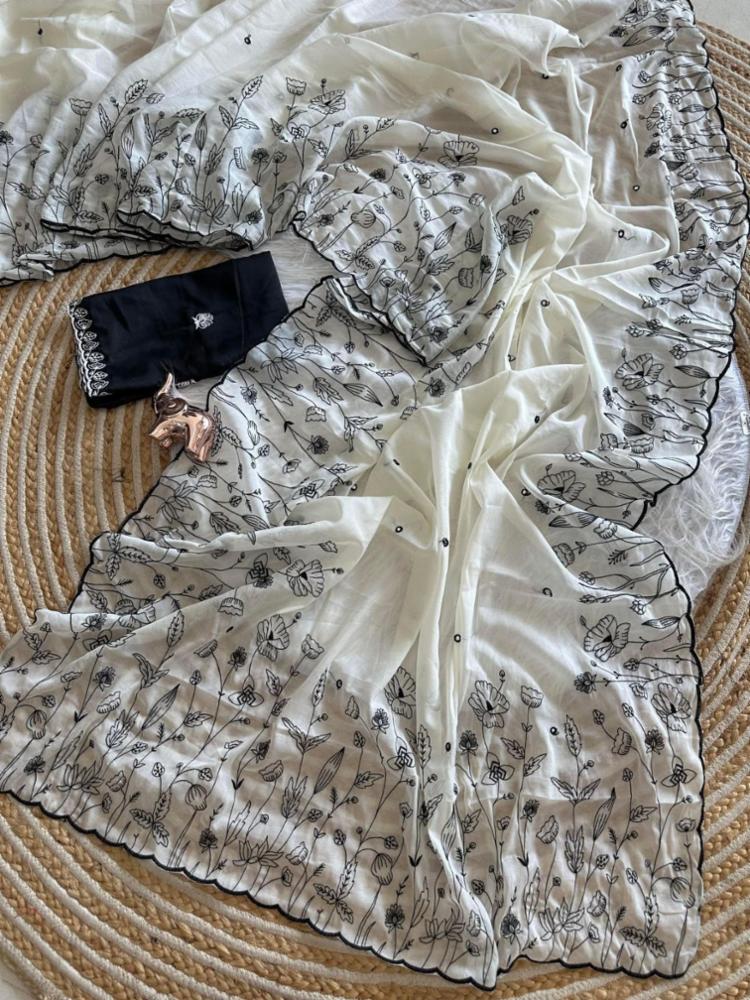 Premium White Star Georgette Saree with Black Floral Embroidery