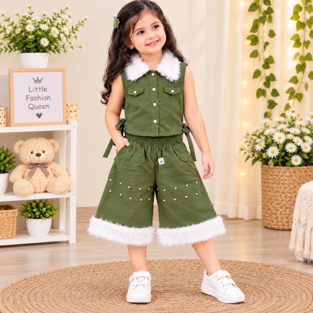 Girls Stylish Fur Collar Party Wear Co-Ord Set