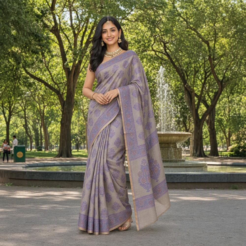 Grey-Beige Cotton Saree with Traditional Block Print