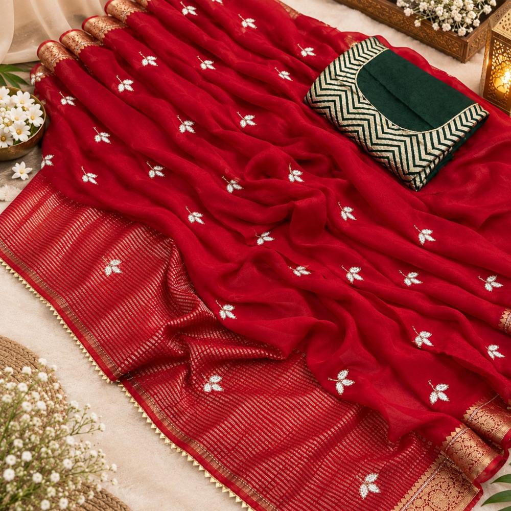 Pure Silk Jari Saree with Contrast Green Blouse and Handwork Motifs