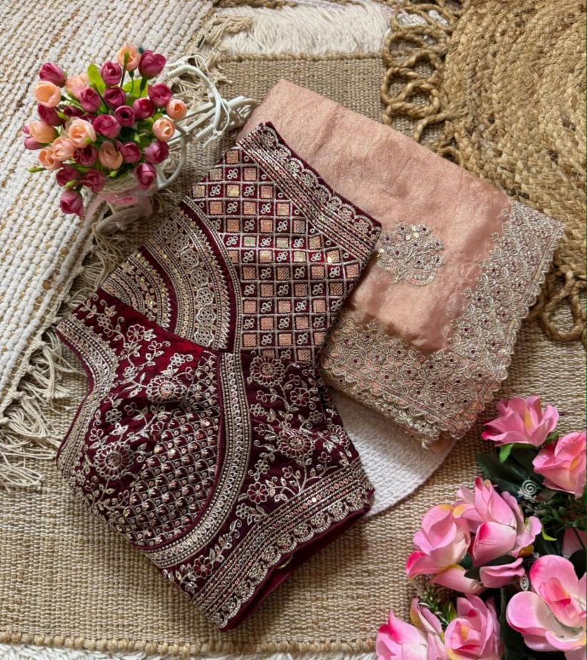 Premium Moss Chiffon Saree with Embroidered Contrast Blouse