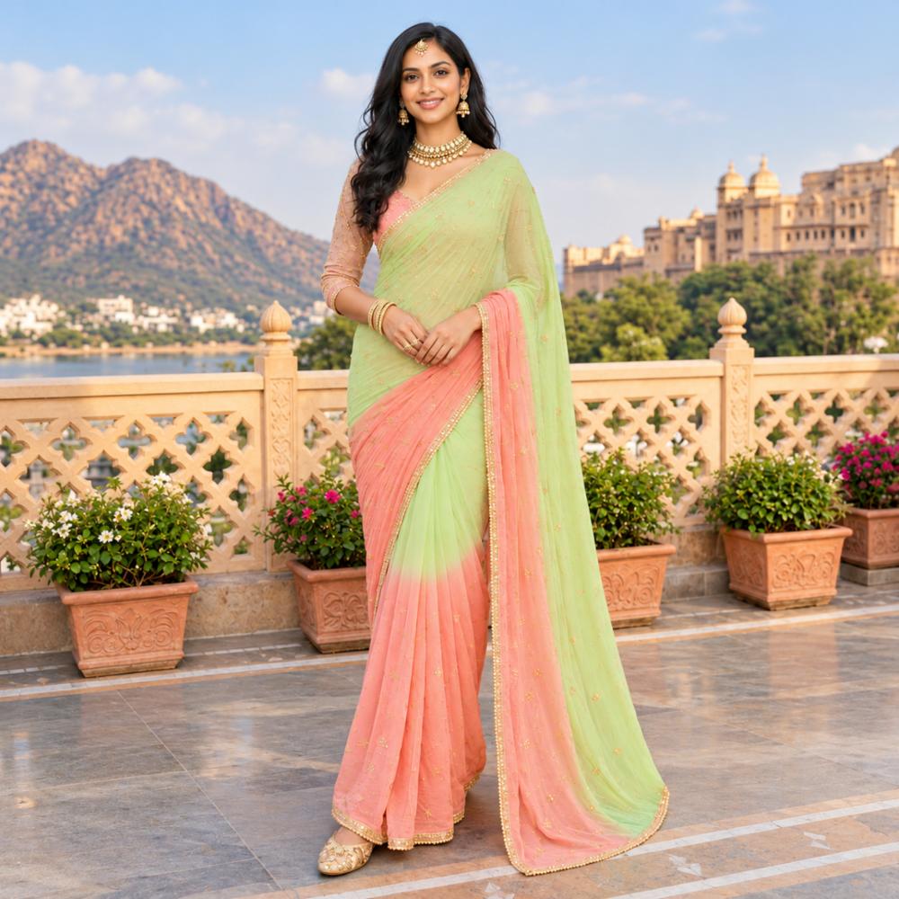Chiffon Saree with Ombre Embroidery and Gota Patti Border