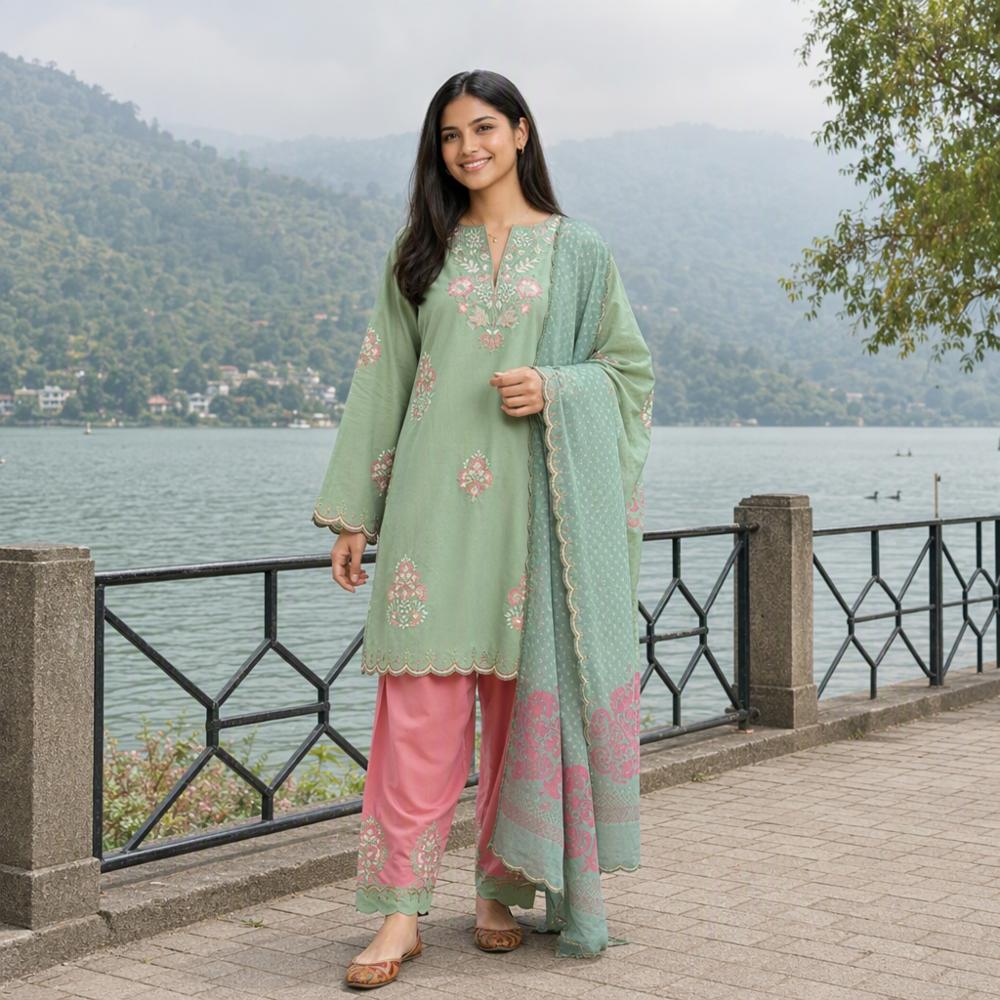 Pakistani-Inspired Viscose Rayon Cotton Embroidered 3-Piece Suit