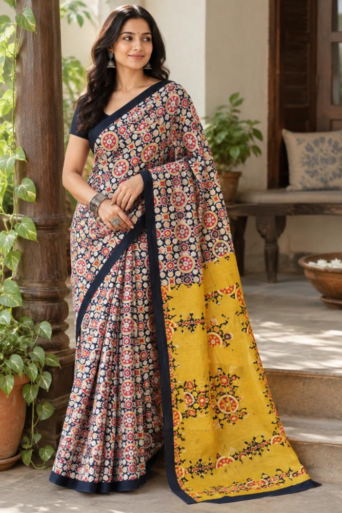 Navy Blue Multicolour Bagru Block Print Mulmul Cotton Saree with Blouse