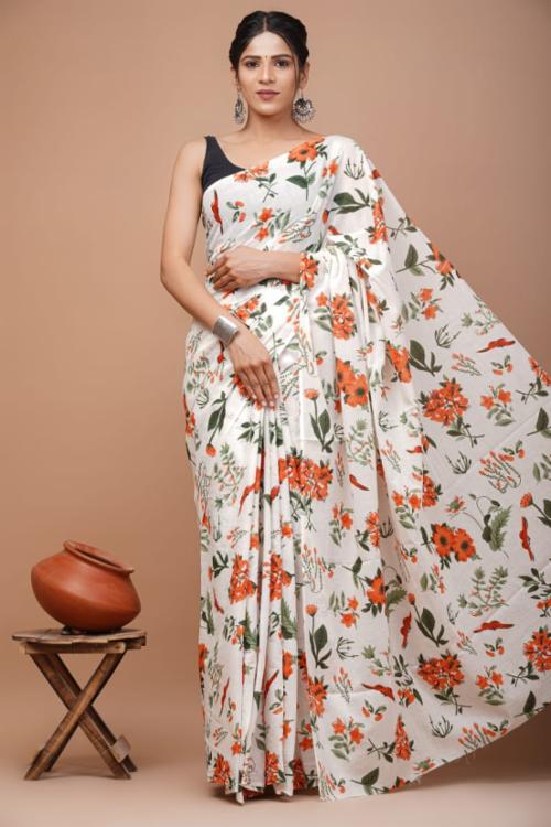 Bagru Block Print Mulmul Cotton Saree Orange Floral with Blouse
