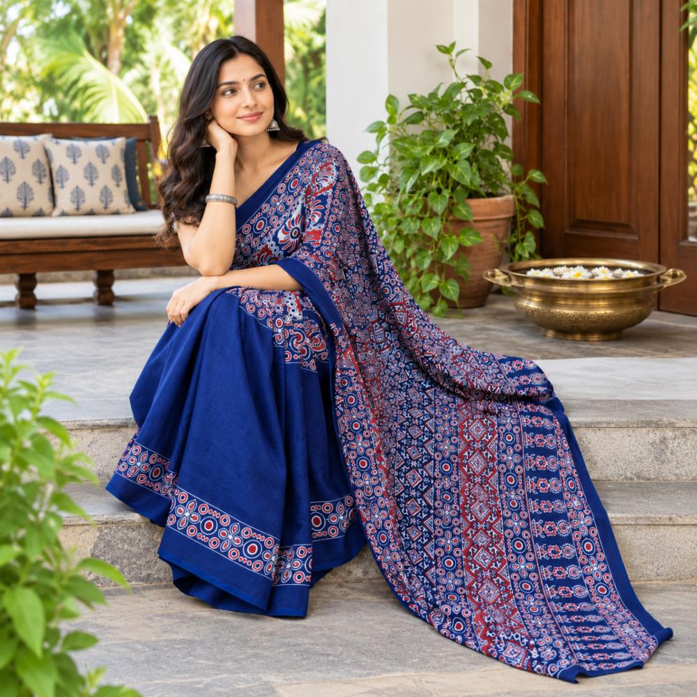 Navy Blue and Red-White Bagru Block Print Mulmul Cotton Saree with Blouse