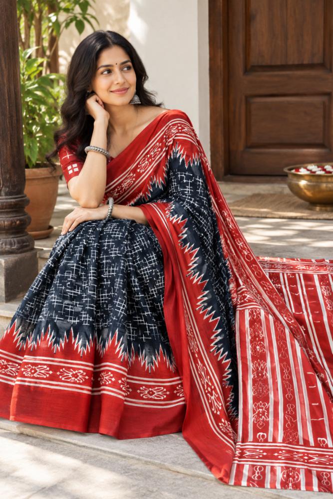 Bagru Block Print Navy Blue & White Mulmul Cotton Saree with Blouse