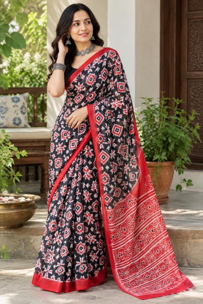 Black & Red Geometric Bagru Block Print Mulmul Cotton Saree