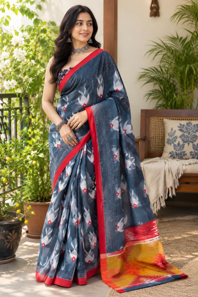 Slate Blue & Rust Bagru Block Print Mulmul Cotton Saree with Blouse