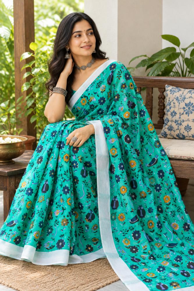 Turquoise Bagru Block Print Mulmul Cotton Saree