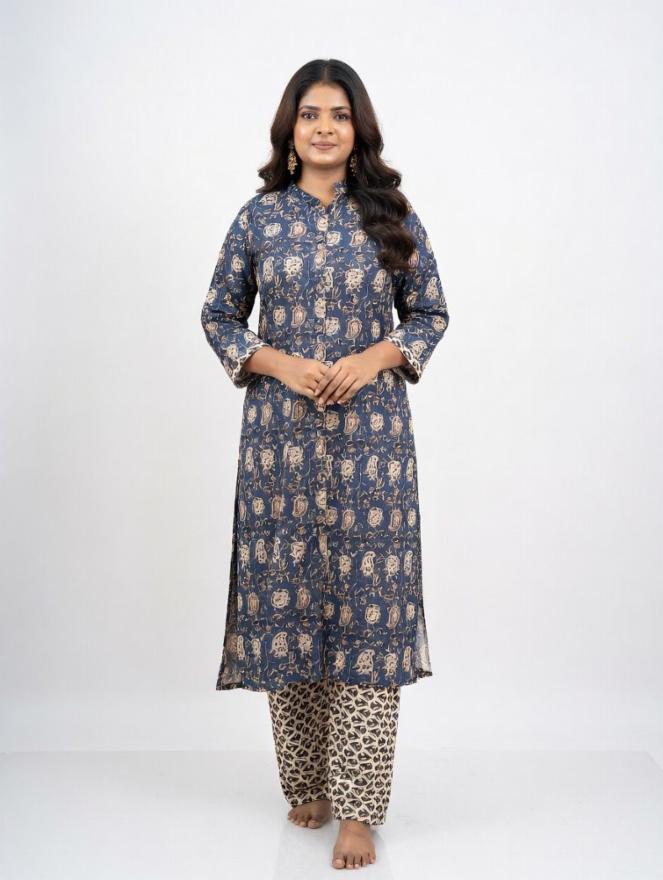 Women’s Blue Printed Kurta Pant Co-Ord Set | 2-Piece 