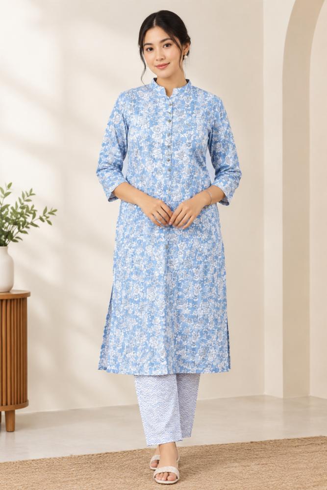 Women’s Light Blue Floral Printed Kurta Pant Co-Ord Set – 2 Piece