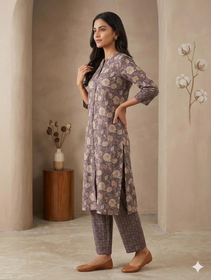 Women's Pure Cotton Floral Print 2-Piece Kurta Co-Ord Set – Dusty Mauve Straight Kurta with Trousers