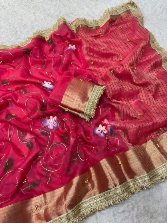 Premium Organza Silk Saree with Banarasi Border and Embroidery Lace Work