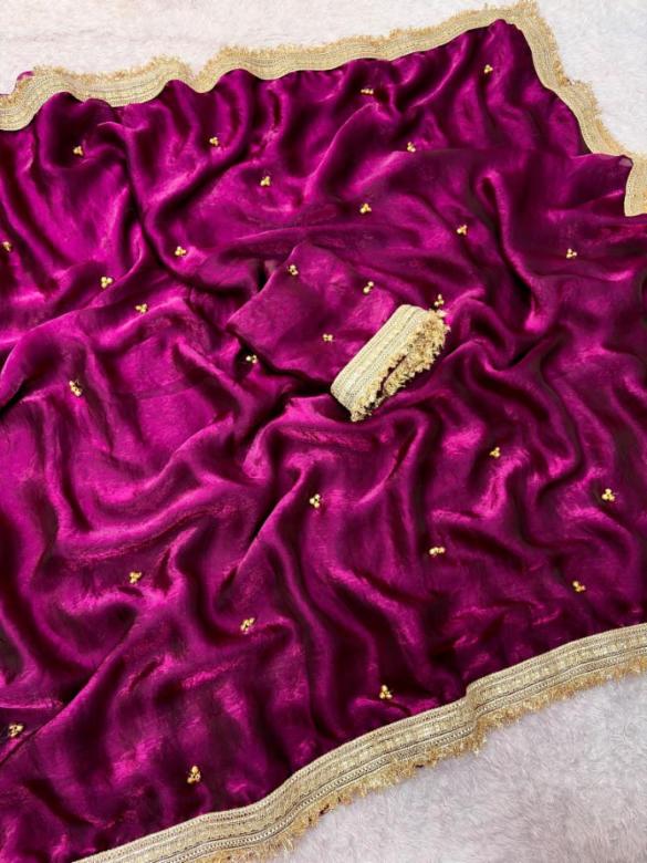 Premium Space Silk Saree with All-Over Ghungroo Butti Work and Embroidered Lace Border