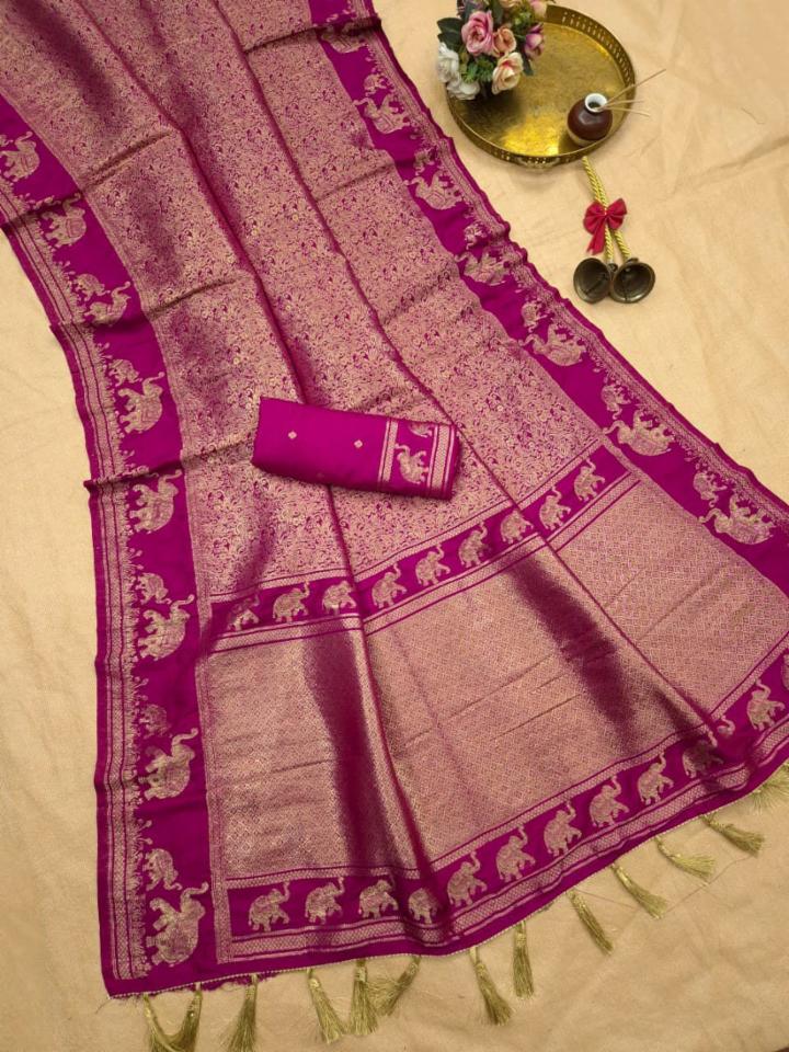 Banarasi Khadi Silk Jaal Saree with Elephant Motifs & Rich Zari Border