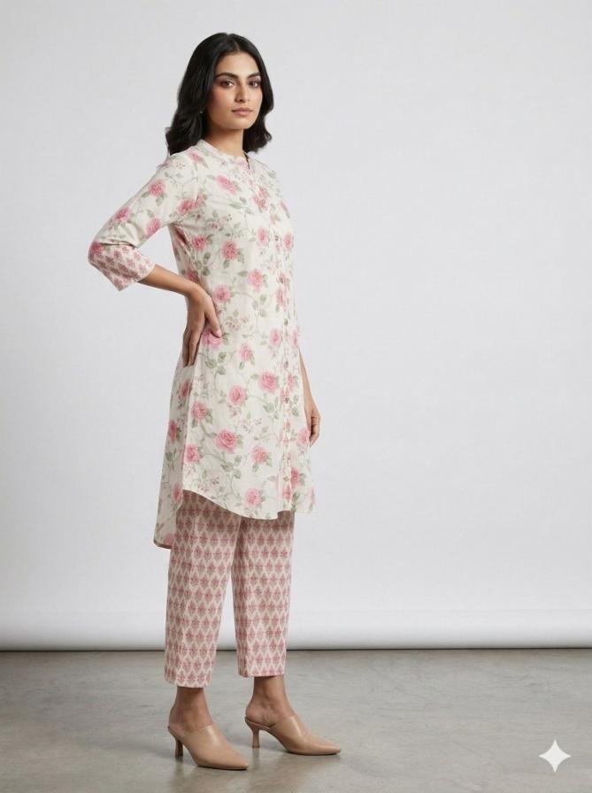Women's Pure Cotton Pink Floral Printed 2-Piece Co-Ord Set – Off-White High-Low Tunic Kurta with Geometric Trousers