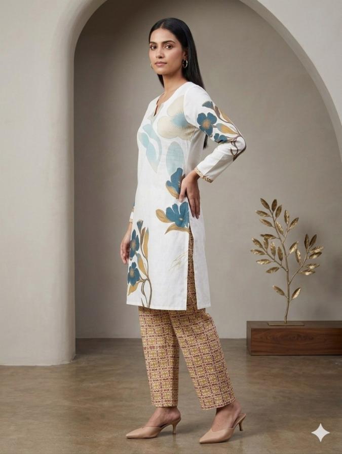 Women's Premium Rayon Digital Floral Print 2-Piece Co-Ord Set – White Straight Tunic Kurta with Printed Trousers