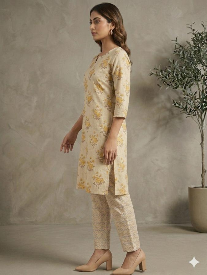 Women's Pure Cotton Lurex Metallic Thread 2-Piece Co-Ord Set – Beige & Yellow Floral Straight Kurta with Trousers