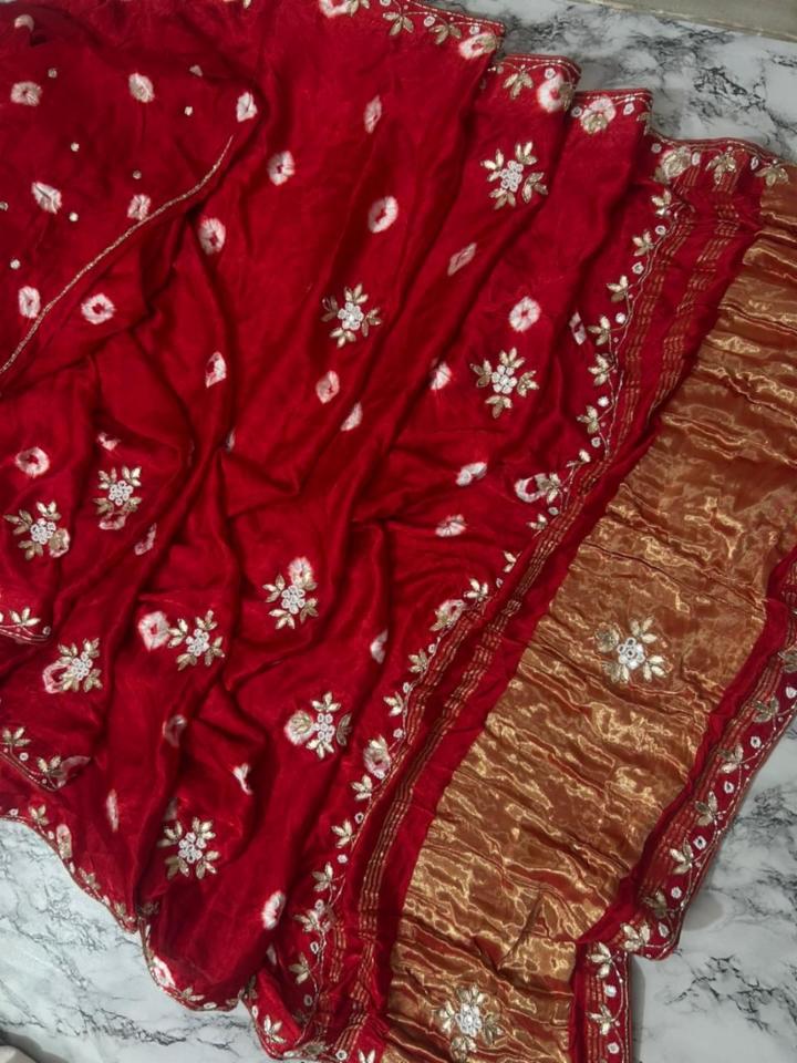 Pure Gajji Silk Saree with Handwork Border and Bhandhej Print