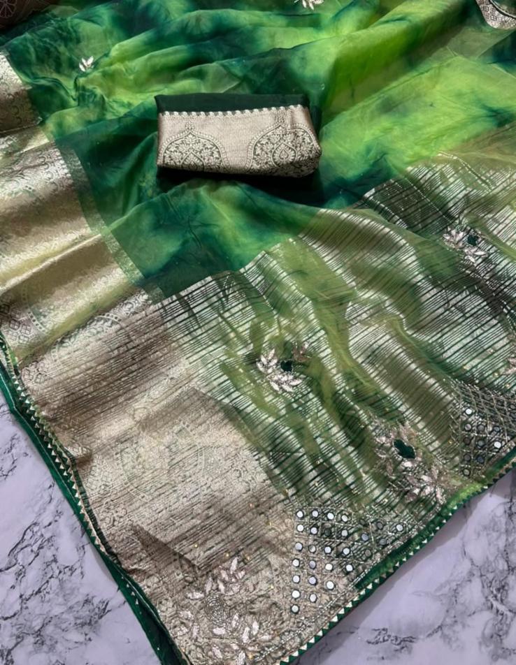 Organza Fabric Saree with Shibori Dye and Heavy Handwork